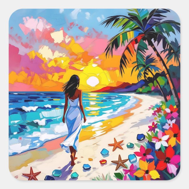 Adesivo Quadrado Vibrant Sunset Abstract Beach Scene (Frente)