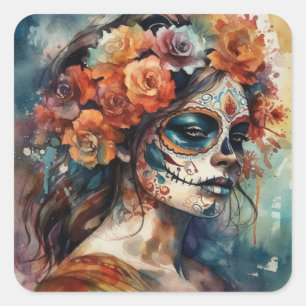 Adesivo Quadrado Vibrant Watercolor Dia de los Muertos Catrina