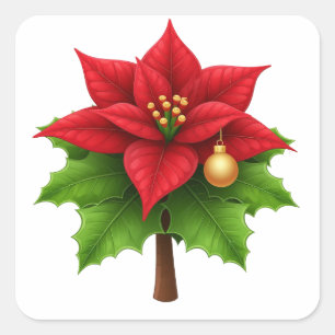 Adesivo Quadrado Vibrante Flor de Poinsettia Vermelha com Folhas Ve