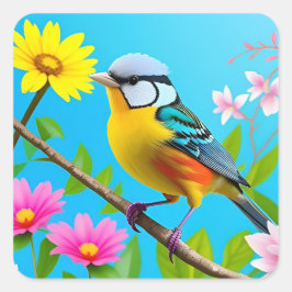 Adesivo Quadrado Vibrante Songbird Emitido numa Ramificação de Flor