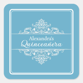 Adesivo Quadrado Videador de Aniversário da Quinceañera Azul-Elegan