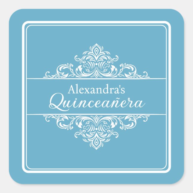 Adesivo Quadrado Videador de Aniversário da Quinceañera Azul-Elegan (Frente)