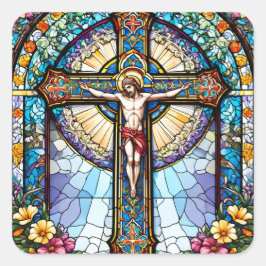 Adesivo Quadrado Vidro congelado Jesus na cruz com flores