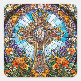 Adesivo Quadrado Vidro Sagrado Cruz com Flores