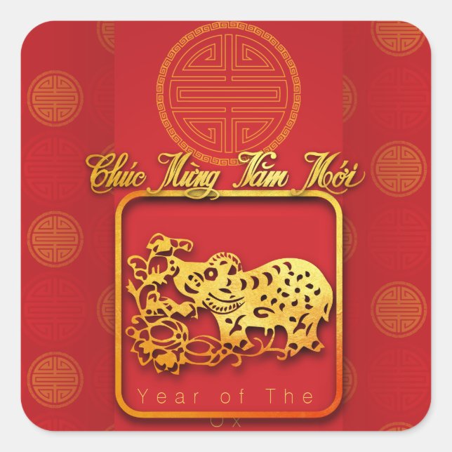 Adesivo Quadrado Vietnamita Ano Novo OX Vermelho Cortado de Papel (Frente)