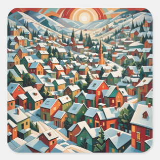 Adesivo Quadrado village d'hiver sous la neige vintage