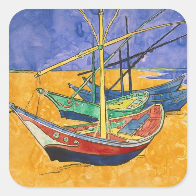 Adesivo Quadrado Vincent van Gogh - Barcos de Pesca na Praia (Frente)