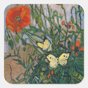 Adesivo Quadrado Vincent van Gogh - Borboletas e Papoulas