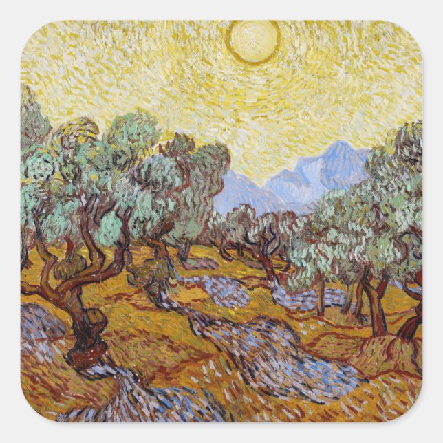 Adesivo Quadrado Vincent van Gogh - Oliveiras, céu amarelo e sol (Frente)