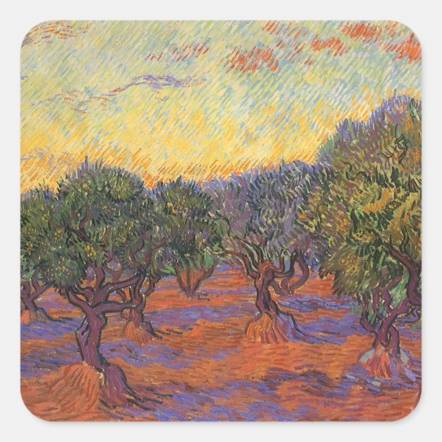 Adesivo Quadrado Vincent van Gogh - Oliveiras, céu laranja (Frente)