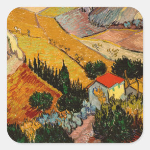 Adesivo Quadrado Vincent van Gogh - Paisagem, Casa e Plowman