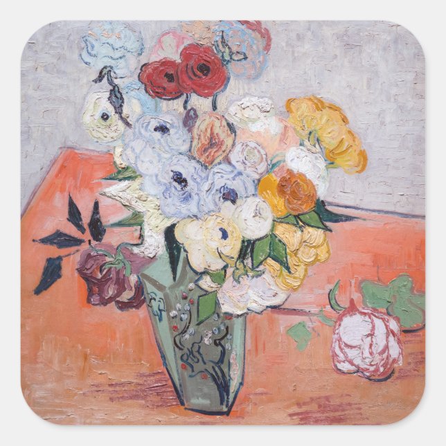 Adesivo Quadrado Vincent van Gogh - Vase com Rosas e Anêmonas (Frente)
