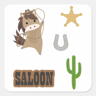 Adesivo Quadrado Vinheta-adesivo de Pônea de Cavalo de Cowboy Pony