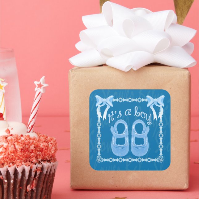 Adesivo Quadrado vinheta azul quadrada do chá de fraldas (Festa)