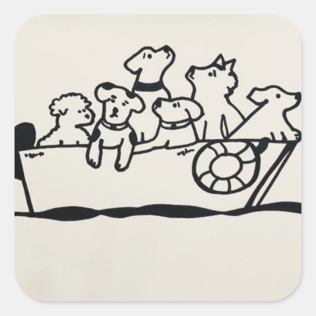 Adesivo Quadrado Vinheta "Cães no Barco" de desenhos de Willowcatde (Frente)