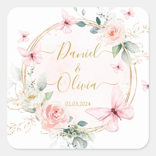 Adesivo Quadrado Vinheta Clássica de Casamento de Borboletas (Frente)