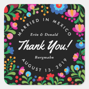 Adesivo Quadrado Vinheta colorida de bordado mexicano em preto