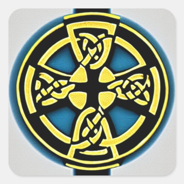 Adesivo Quadrado Vinheta Cruzada do Círculo Dourado e Aqua (Frente)
