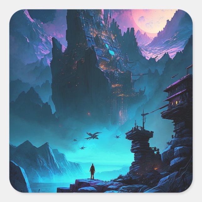 Adesivo Quadrado Vinheta da Praça da Ciência da Ficção Fúturística (Frente)