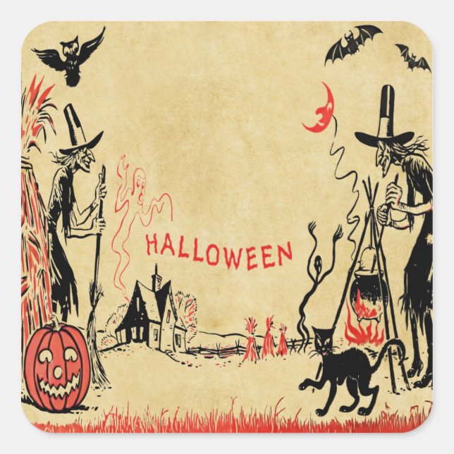 Adesivo Quadrado Vinheta das Bruxas do Halloween (Frente)