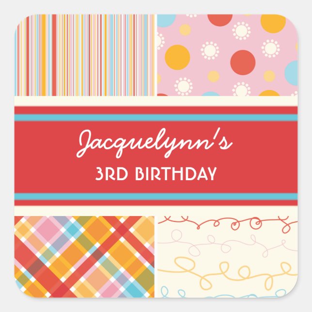 Adesivo Quadrado Vinheta-de-Aniversário com cor-de-rosa retrógrada  (Frente)