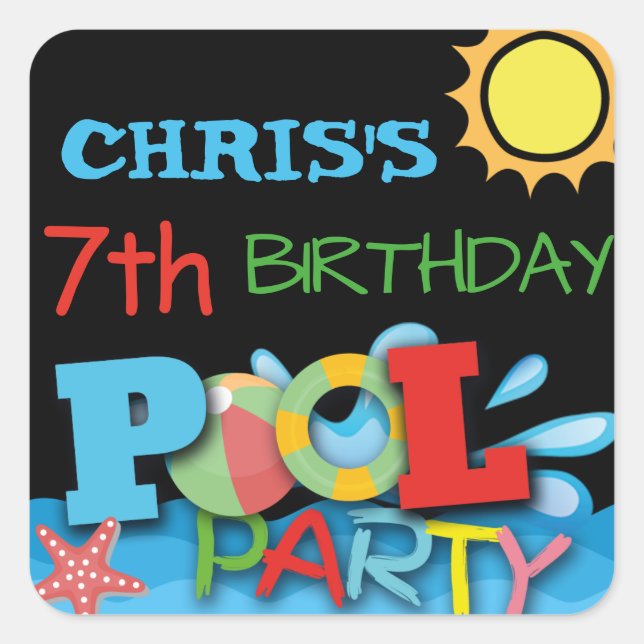 Adesivo Quadrado Vinheta de Aniversário do Partido piscina (Frente)