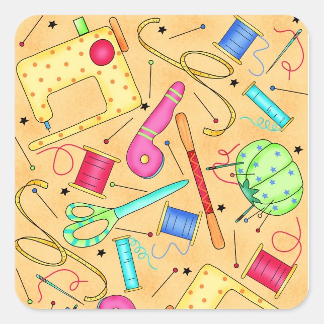 Adesivo Quadrado Vinheta de Arte das Noções de Costura Amarelas (Frente)