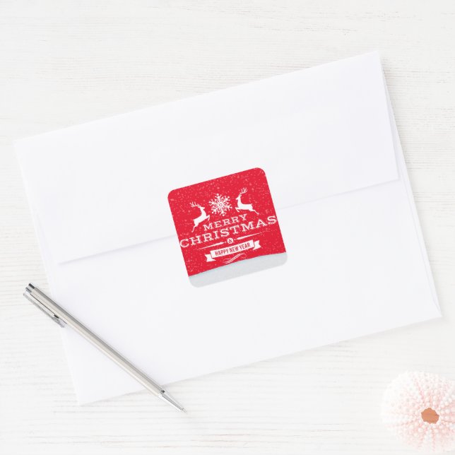 Adesivo Quadrado Vinheta de arte de renas de Natal (Envelope)