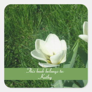 Adesivo Quadrado Vinheta de Bookplate com Tulipas Brancas