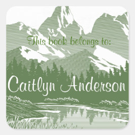 Adesivo Quadrado Vinheta de Bookplate de Montanhas Personalizadas