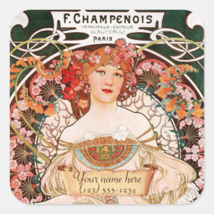 Adesivo Quadrado Vinheta de Bookplate de Mucha Art Nouveau