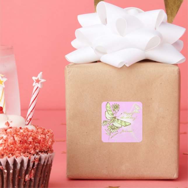 Adesivo Quadrado Vinheta de Borboleta de Limão de Limão Rosa (Festa)