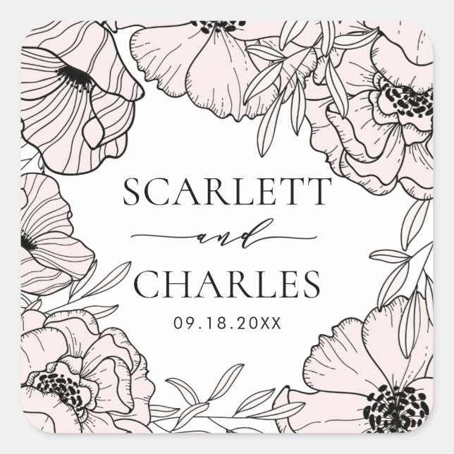 Adesivo Quadrado Vinheta de Casamento das Flores Rosa Esbranquiçada (Frente)