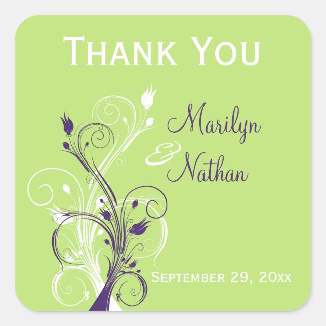 Adesivo Quadrado Vinheta de Casamento de 1,5" verde-roxa (Frente)