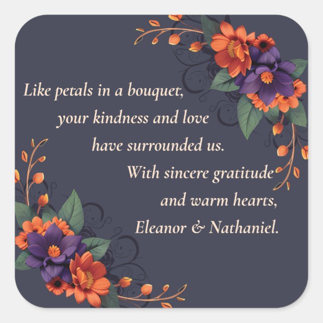 Adesivo Quadrado Vinheta de Casamento de Gratidão Floral Gótica Ele (Frente)