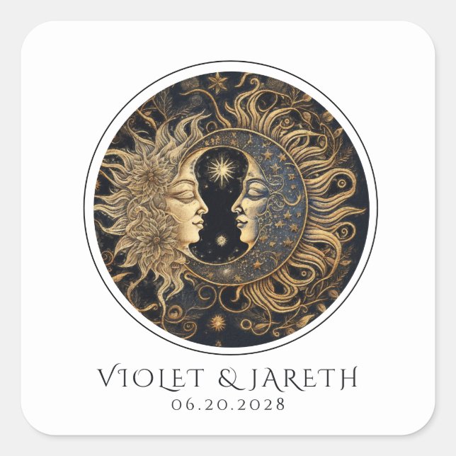 Adesivo Quadrado Vinheta de Casamento de Lua Celestial Sun (Frente)