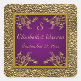 Adesivo Quadrado Vinheta de Casamento de Monograma Floral Roxo e Do
