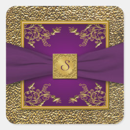 Adesivo Quadrado Vinheta de Casamento de Monograma Floral Roxo e Do