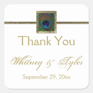 Adesivo Quadrado Vinheta de Casamento de Penas Branca e Dourada