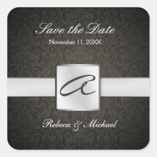 Adesivo Quadrado Vinheta de Casamento do Damask Monograma Elegante