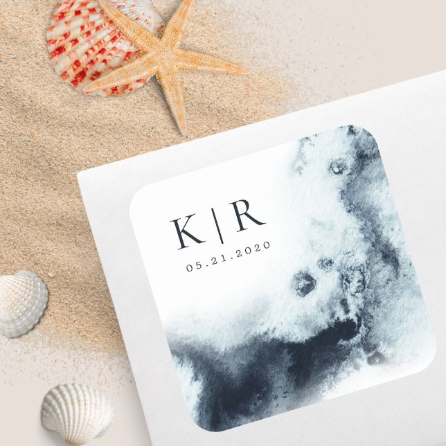 Adesivo Quadrado Vinheta de Casamento Elegante de Ondas de Aquarela (Criador carregado)