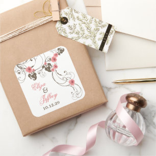 Adesivo Quadrado Vinheta de Casamento Elegante Floral de Rosas Rosa