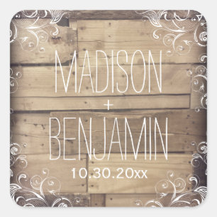 Adesivo Quadrado Vinheta de Casamento Floreado de Madeira Rustic Pe