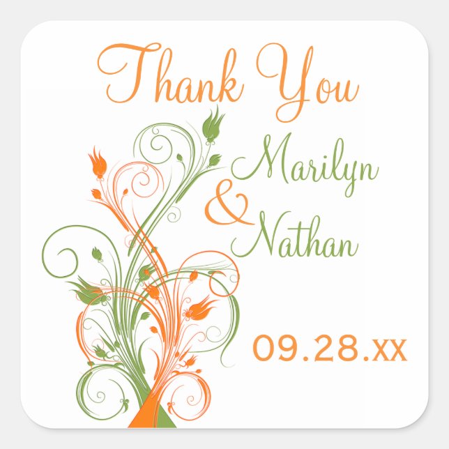 Adesivo Quadrado Vinheta de Casamento Laranja Verde Branco Floral d (Frente)