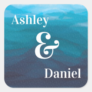 Adesivo Quadrado Vinheta de Casamento por Aquarela do Oceano Azul,