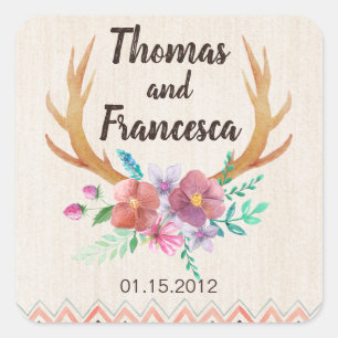 Adesivo Quadrado Vinheta de Casamento Rustic Floral Antler