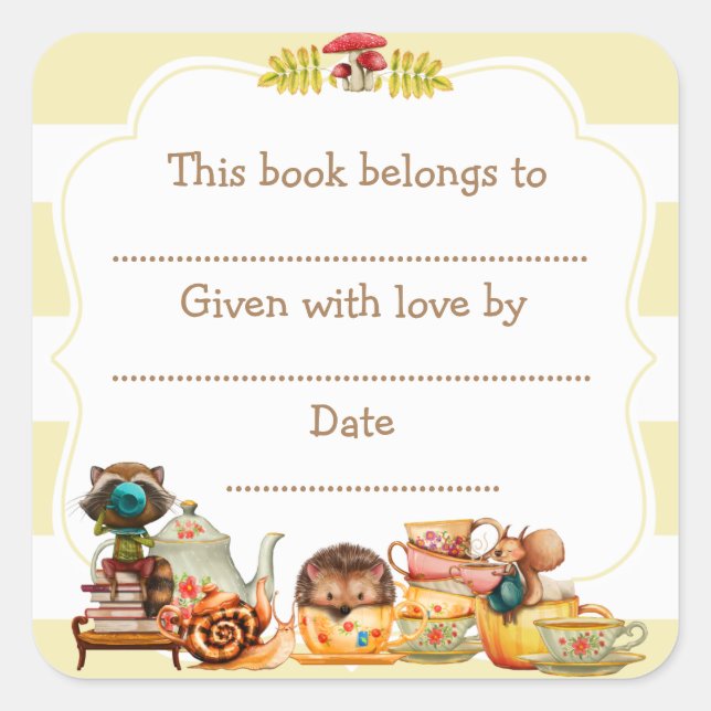 Adesivo Quadrado Vinheta de Chá de fraldas do outono Woodland (Frente)