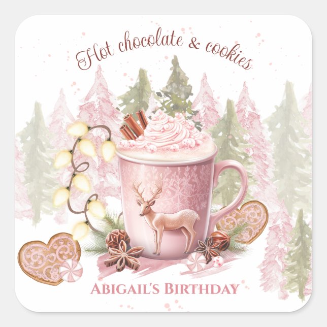 Adesivo Quadrado Vinheta de chocolate quente rosa-rosado de Natal (Frente)