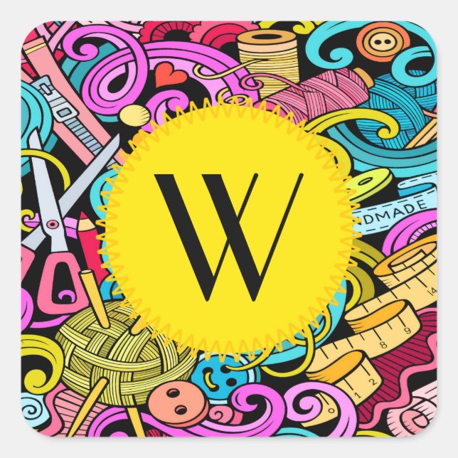 Adesivo Quadrado Vinheta de costura e tricotagem contemporâneas (Frente)