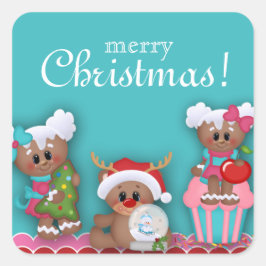 Adesivo Quadrado Vinheta de Cupcake de Cartoon Feliz de Natal